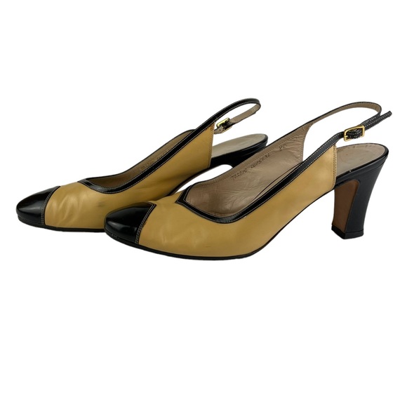 Vintage Salvatore Ferragamo Sling-back Black Tan Career Heels 8B Made In Italy - Picture 15 of 15